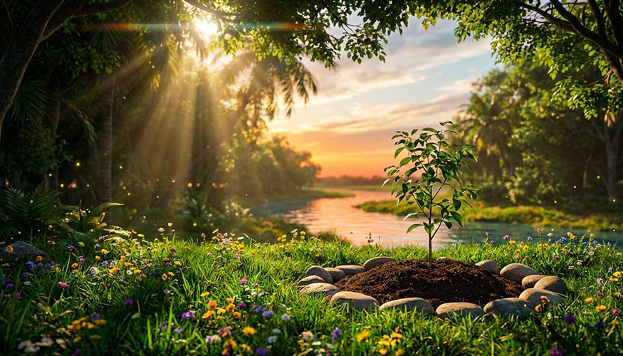 Young tree planted in a sunlit meadow