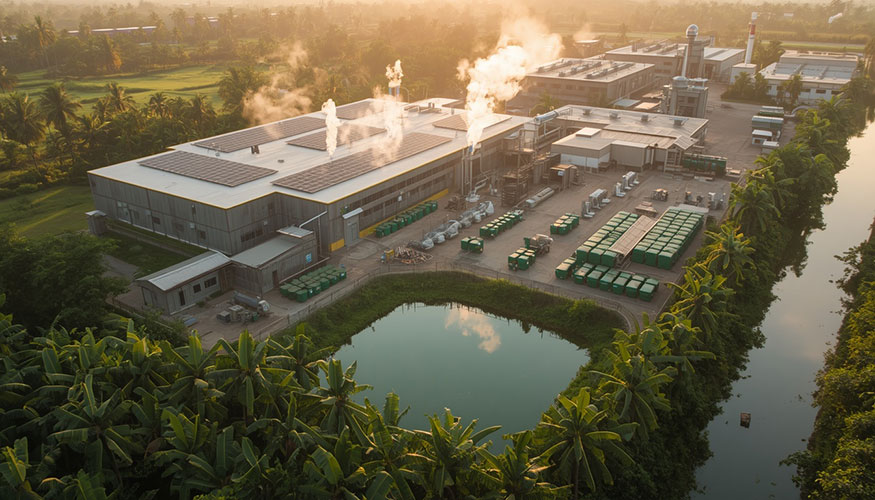 Manufacturing facility with solar panels surrounded by greenery